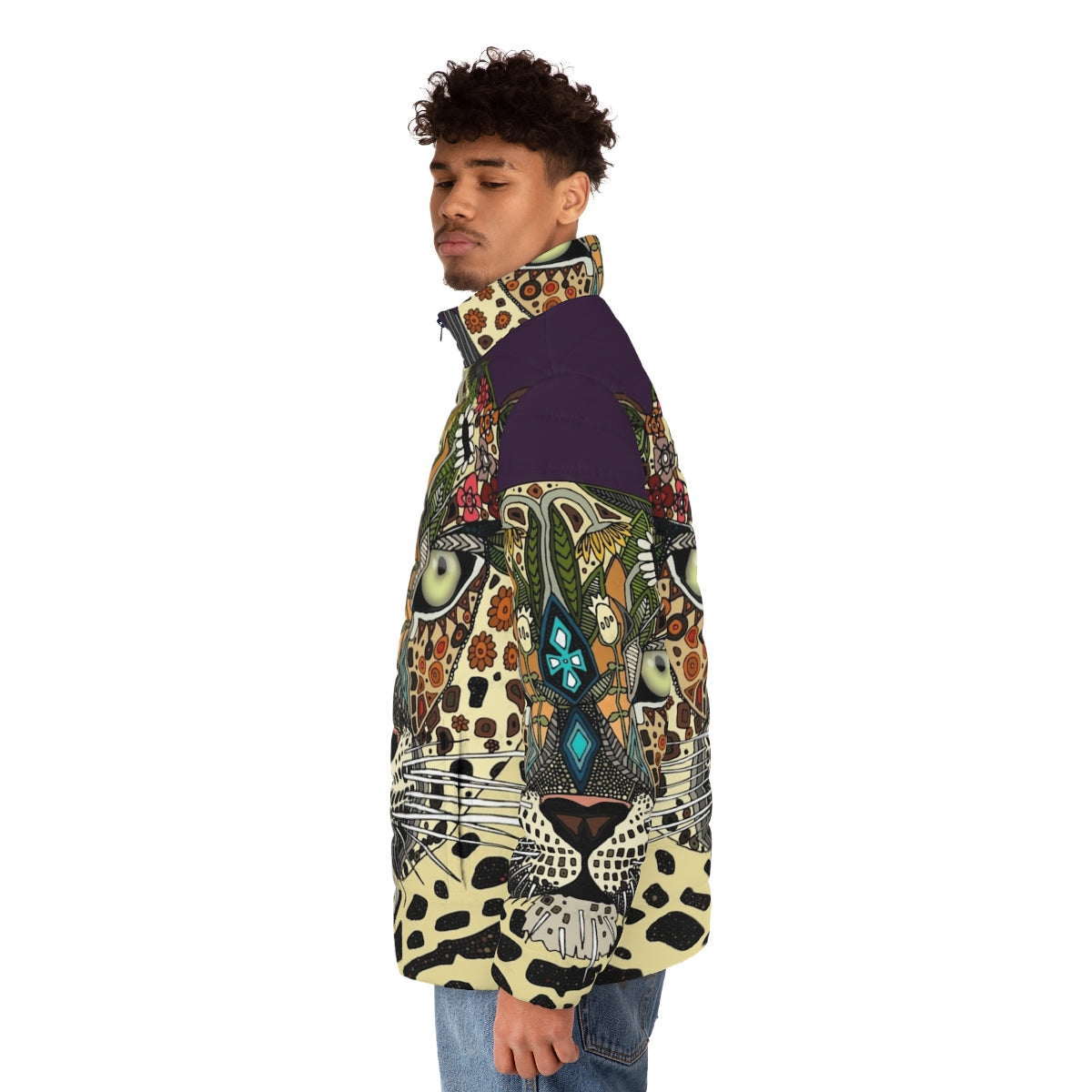 Leopard print puffer jacket with floral and botanical design - men side left