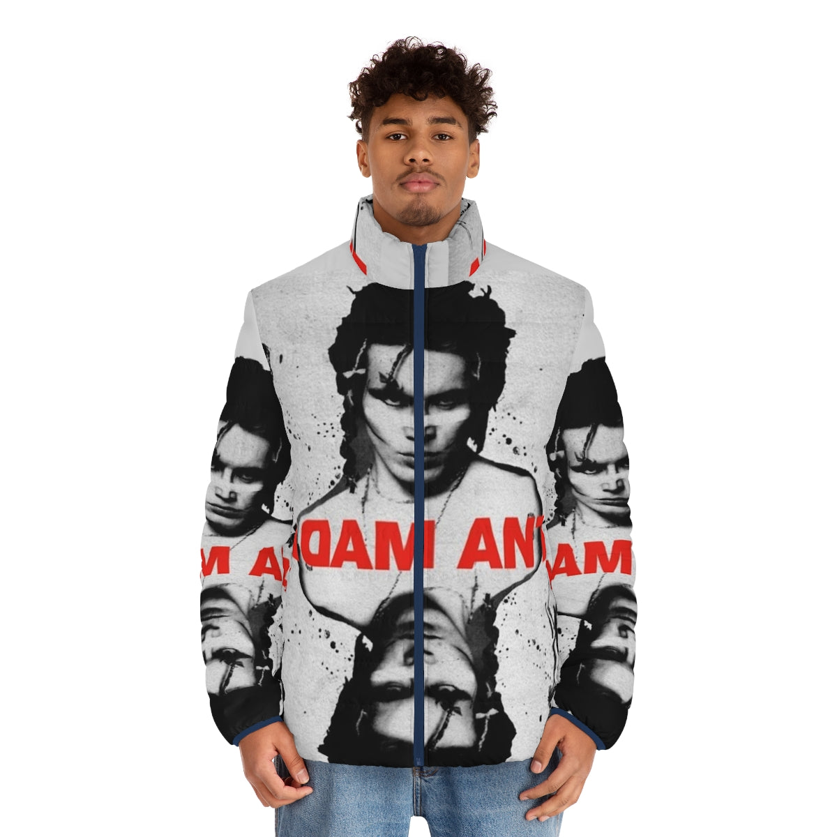 Adam Ant inspired puffer jacket with playing card design - men front