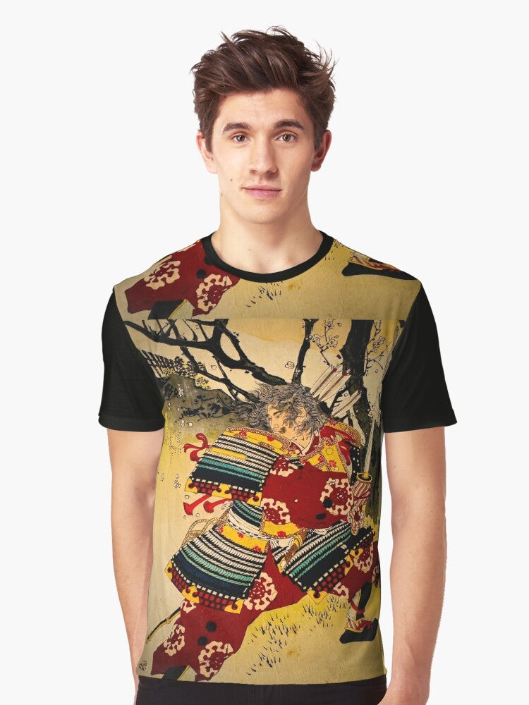 A t-shirt featuring a samurai warrior design in the traditional ukiyo-e Japanese art style. - Men