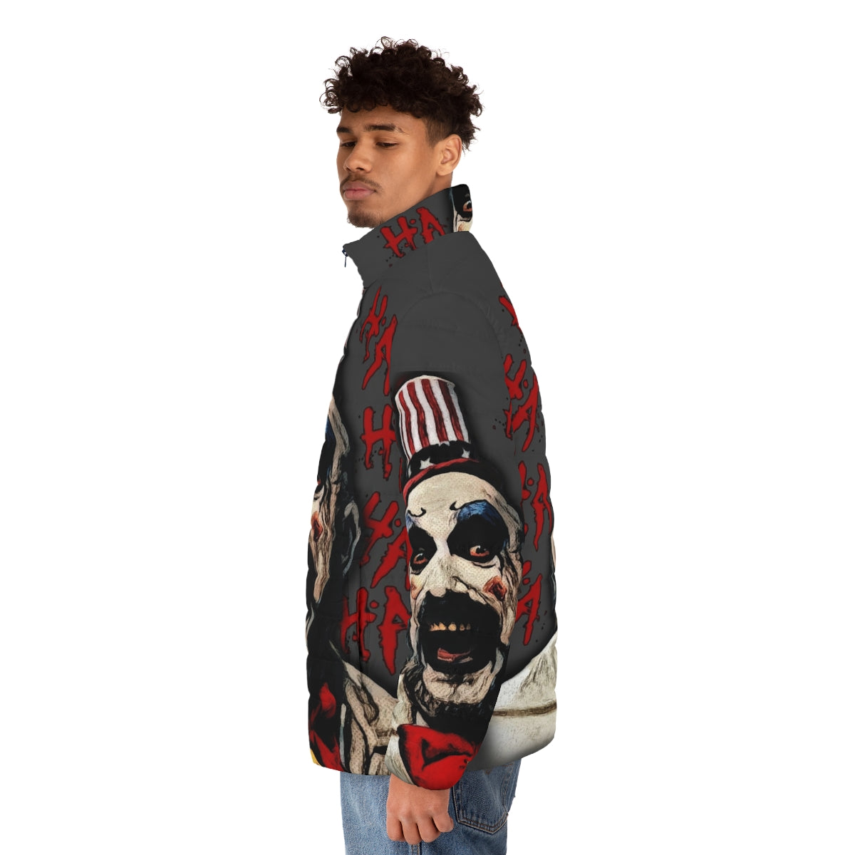 Captain Spaulding puffer jacket, featuring the iconic horror character from Rob Zombie's films - men side left