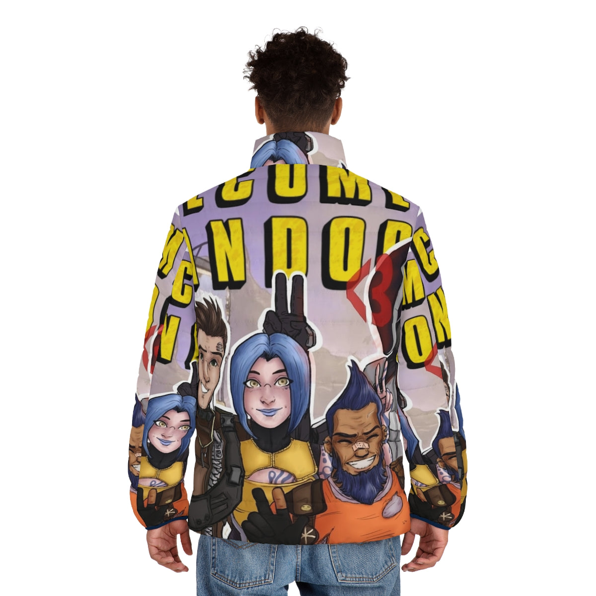 Borderlands Pandora Puffer Jacket featuring Zer0, Maya, Axton, and Salvador - men back