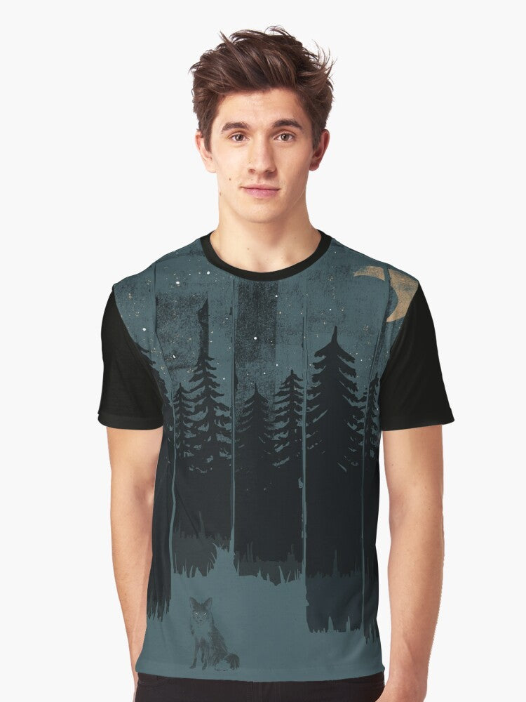 Graphic illustration of a fox in a moonlit forest on a t-shirt - Men