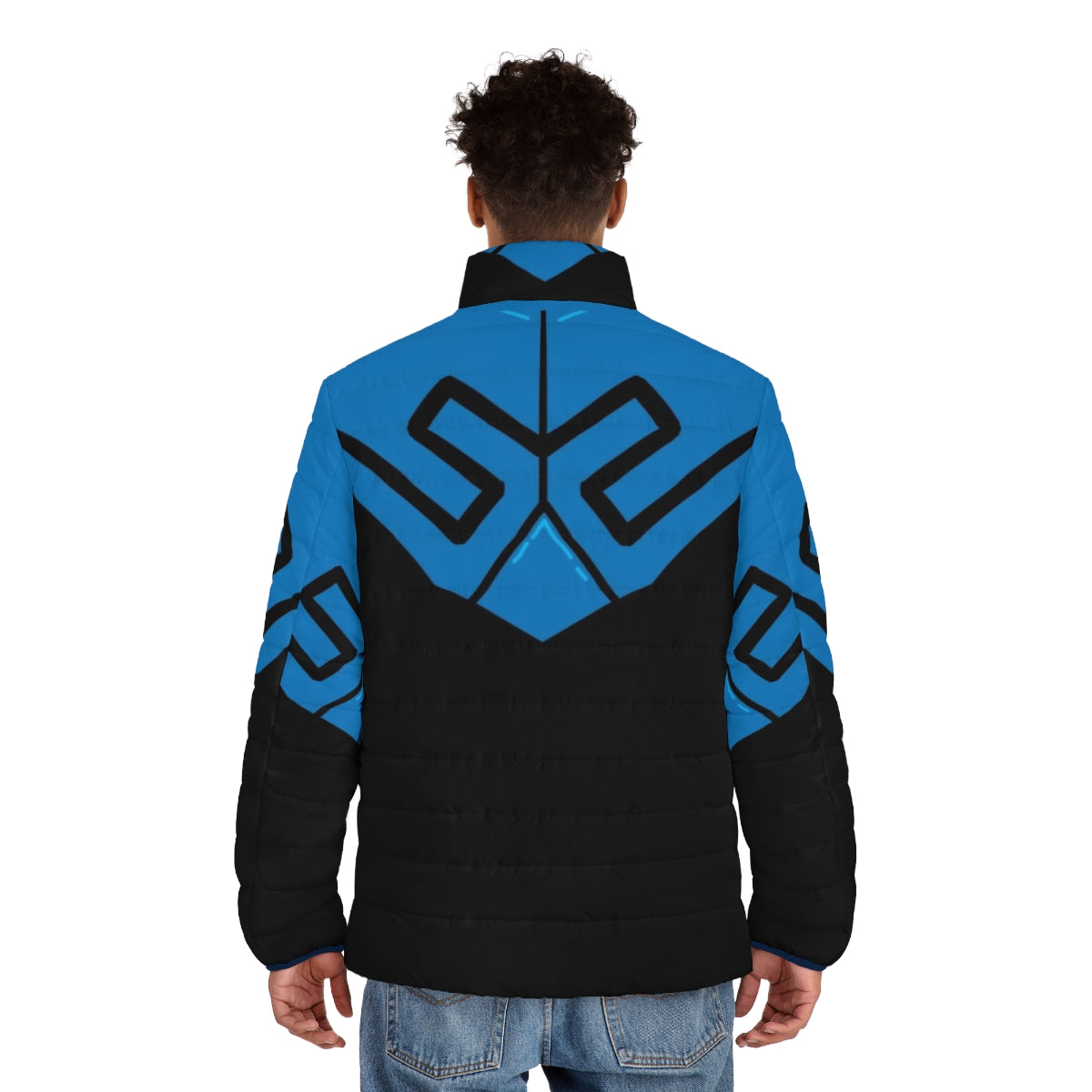 Blue Beetle superhero armor puffer jacket with DC Comics character design - men back