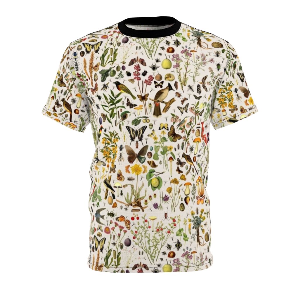 T-shirt featuring a detailed, seamless design of American plants, animals, and natural elements.