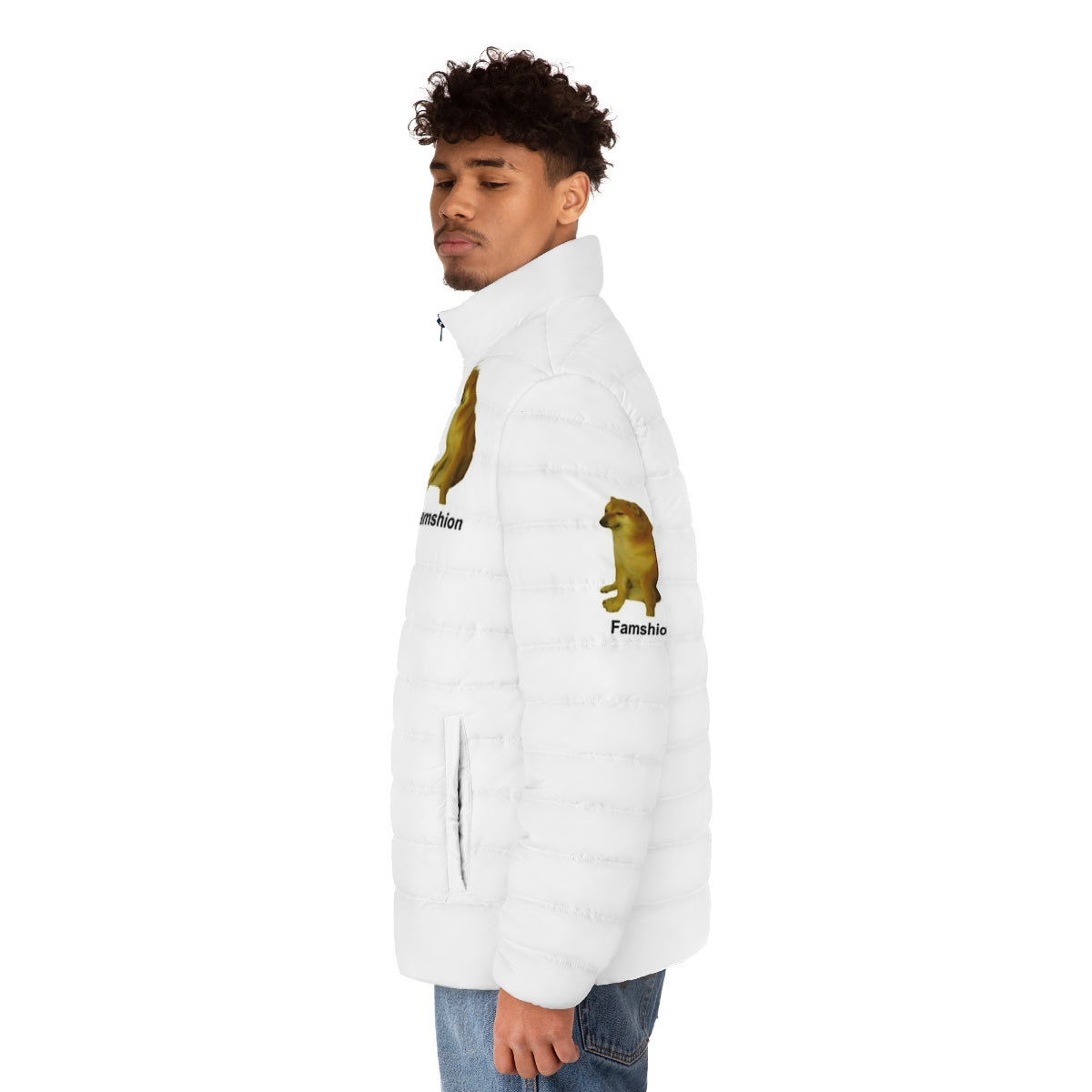 Cheems Puffer Jacket featuring a cute Shiba Inu dog meme - men side left