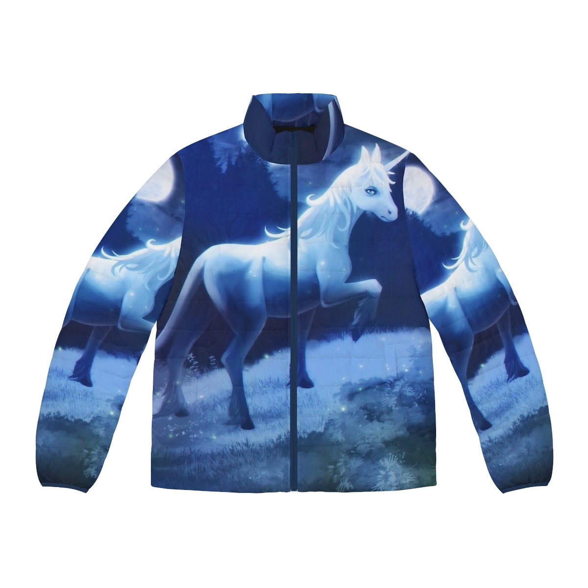 The Last Unicorn Puffer Jacket featuring a whimsical unicorn design