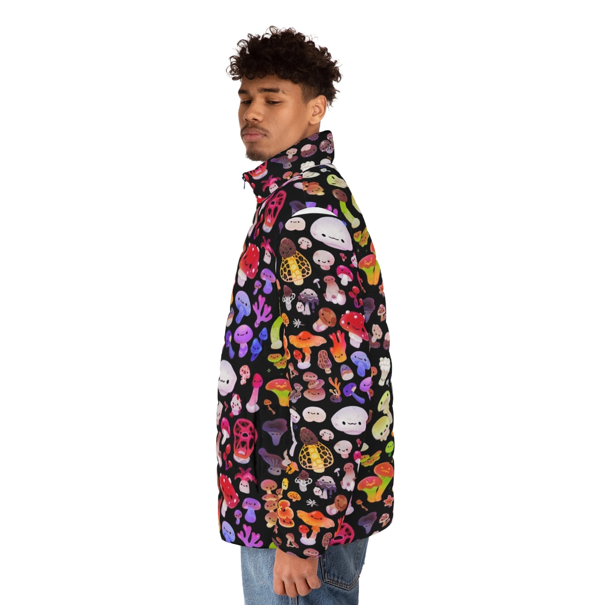 Mushroom-patterned puffer jacket in an outdoor, nature-inspired design - men side left