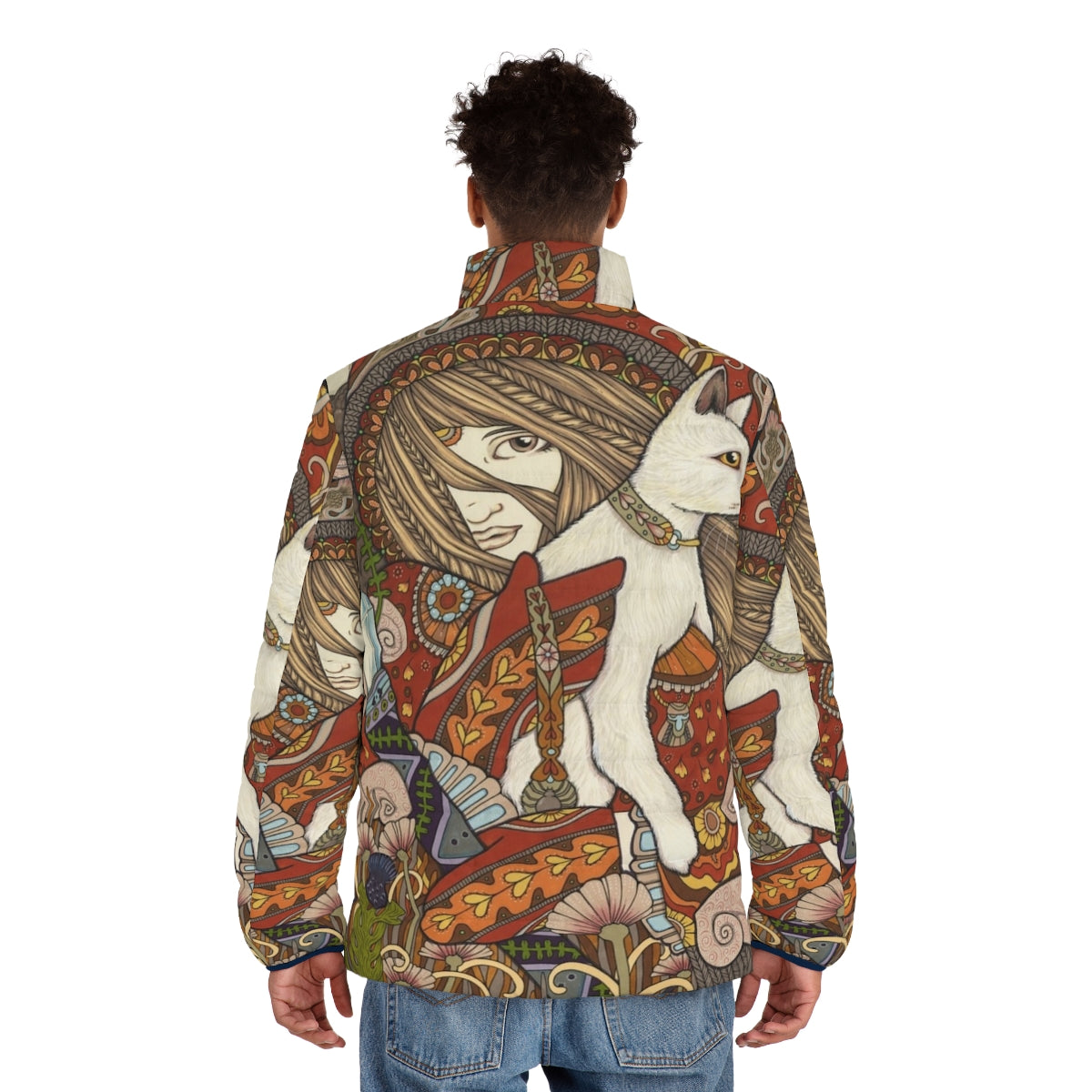 Visionary puffer jacket with tarot, owl, and cat motifs - men back