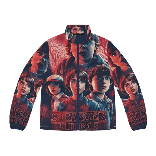 Stranger Things inspired puffer jacket featuring characters and elements from the popular sci-fi/horror series