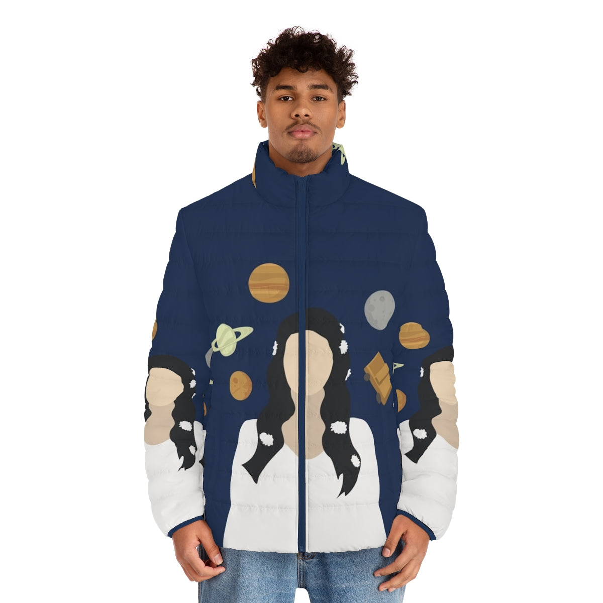 Lana Del Rey inspired puffer jacket with moon and space graphics - men front