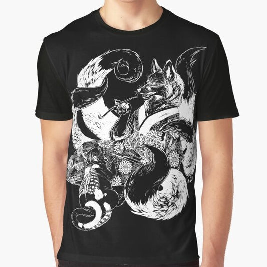 Illustration of a nekomata (two-tailed cat demon) arguing with a kitsune (fox spirit) on a graphic t-shirt