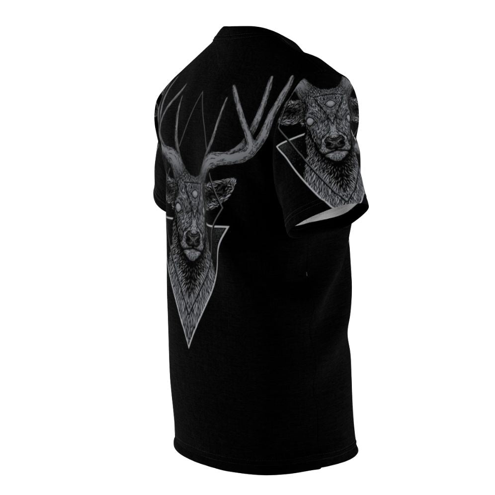 Stylized dark deer illustration on a graphic t-shirt design - men right