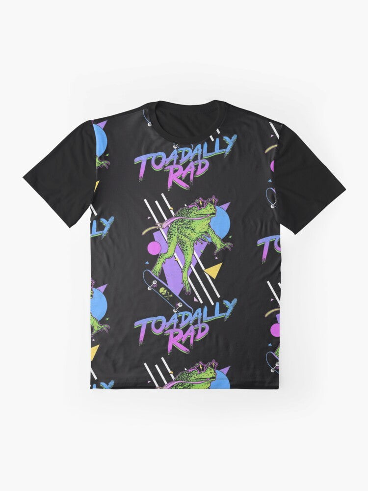 Graphic t-shirt featuring a cool, retro-inspired frog design with a radical 80s vibe. - Flat lay