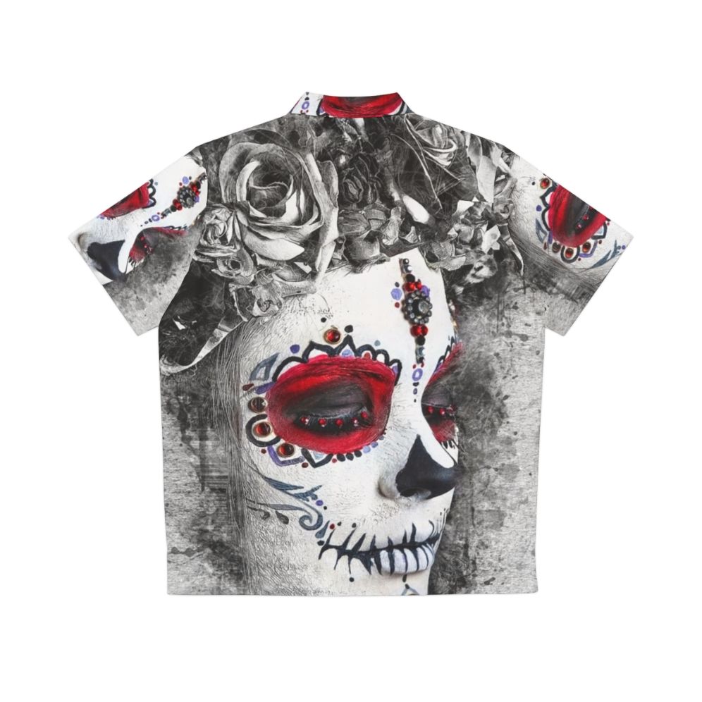 Catrina Boho Queen Hawaiian Shirt featuring a vibrant sugar skull and floral watercolor design - Back