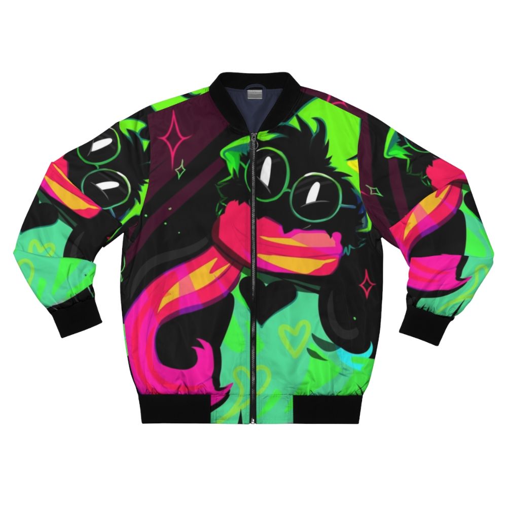 Ralsei the cute monster from Undertale and Deltarune wearing a colorful, neon bomber jacket