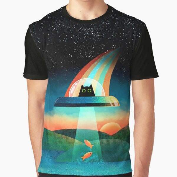 Illustration of a black cat in a rainbow-colored alien galaxy with stars, planets, and UFOs.