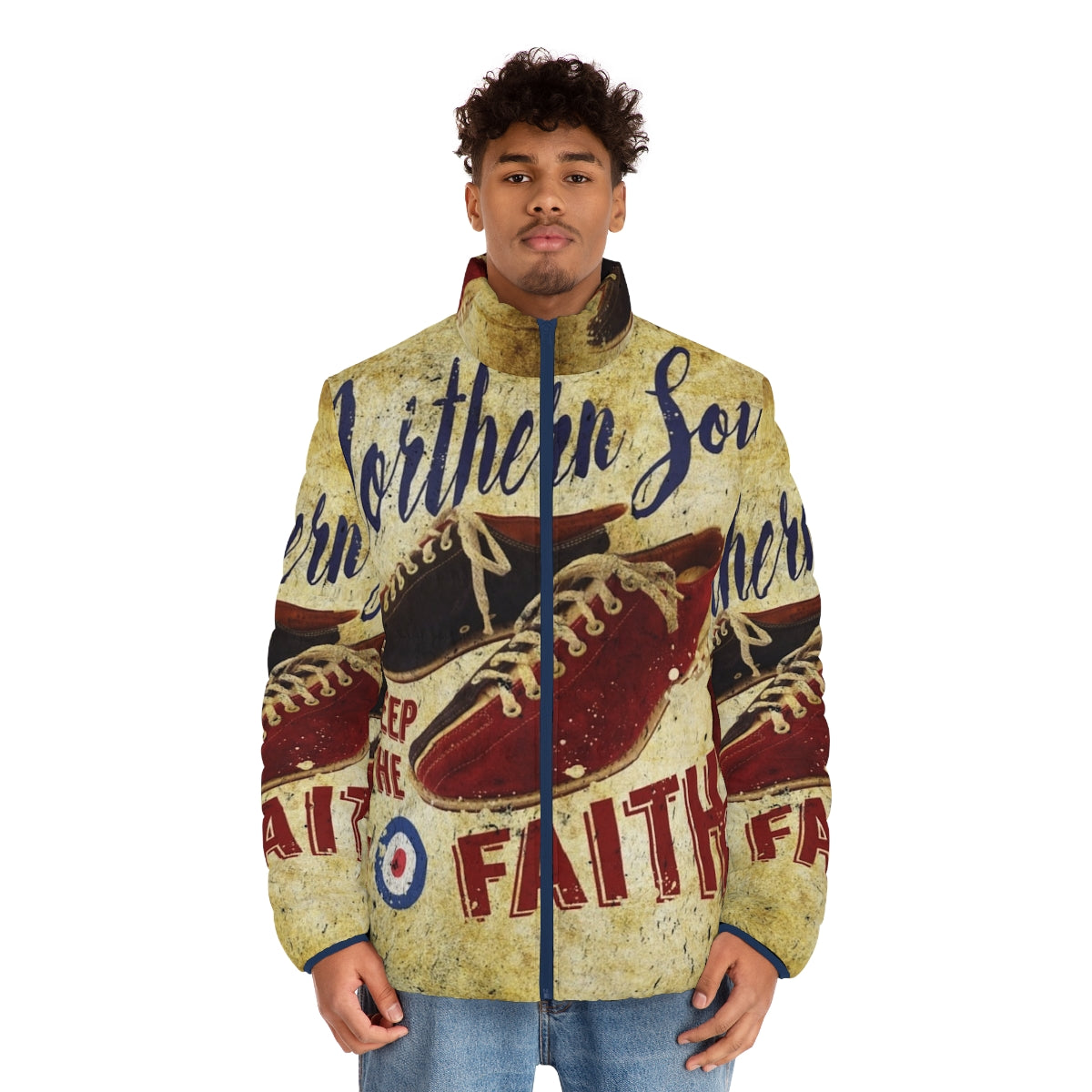 Northern Soul "Keep The Faith" Puffer Jacket featuring iconic music and dance inspired design - men front