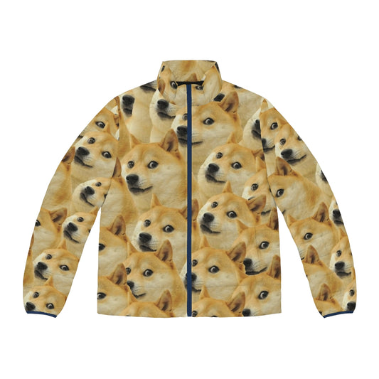 Doge-inspired puffer jacket with a fun, meme-worthy pattern