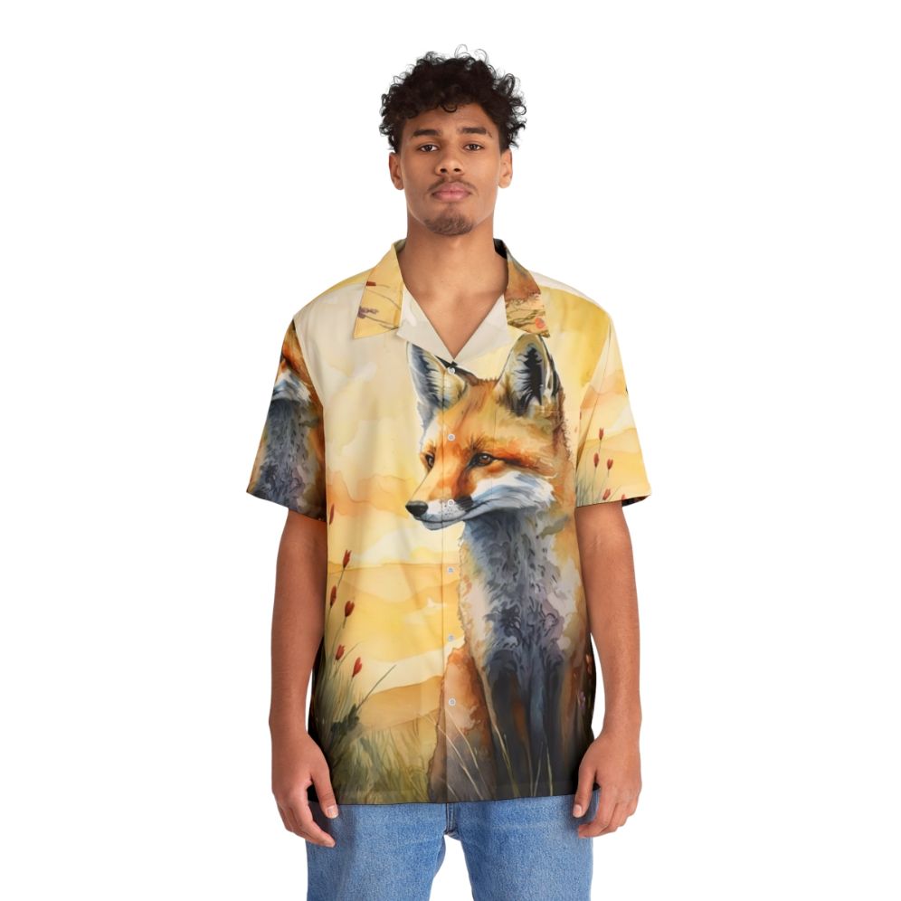 Colorful watercolor illustration of a red fox cub amidst spring flowers on a Hawaiian shirt - People Front