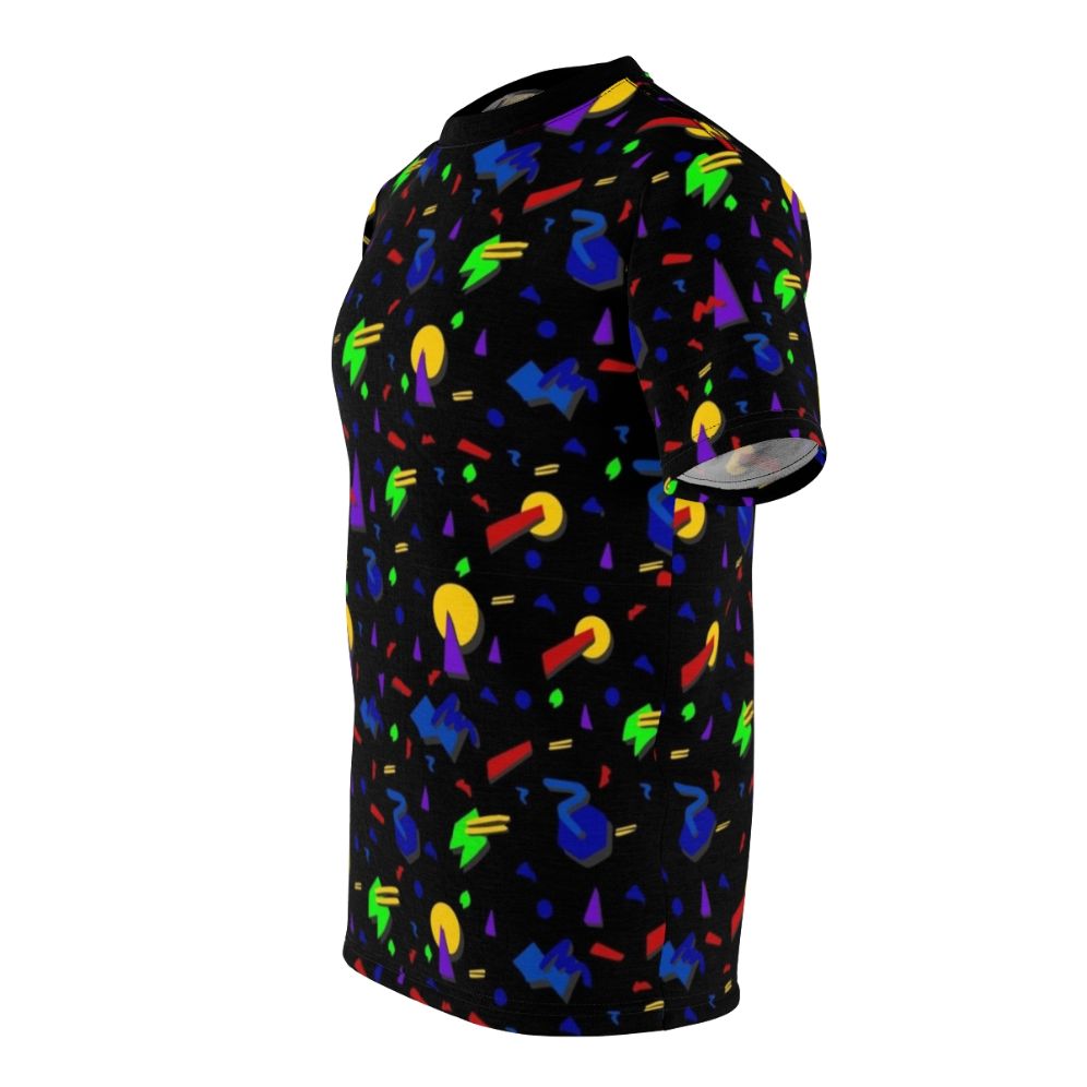 Vibrant 90s inspired graphic t-shirt with a glow in the dark, blacklight reactive confetti pattern design - men left