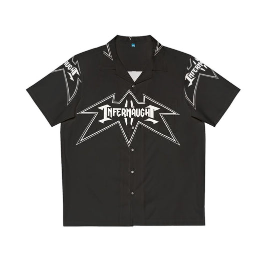 White Hawaiian shirt with metal-inspired logo design