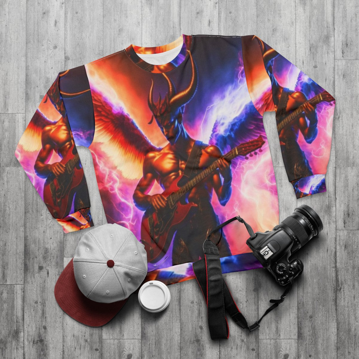 Satanic electric guitar sweatshirt with dark horror art design - flat lay