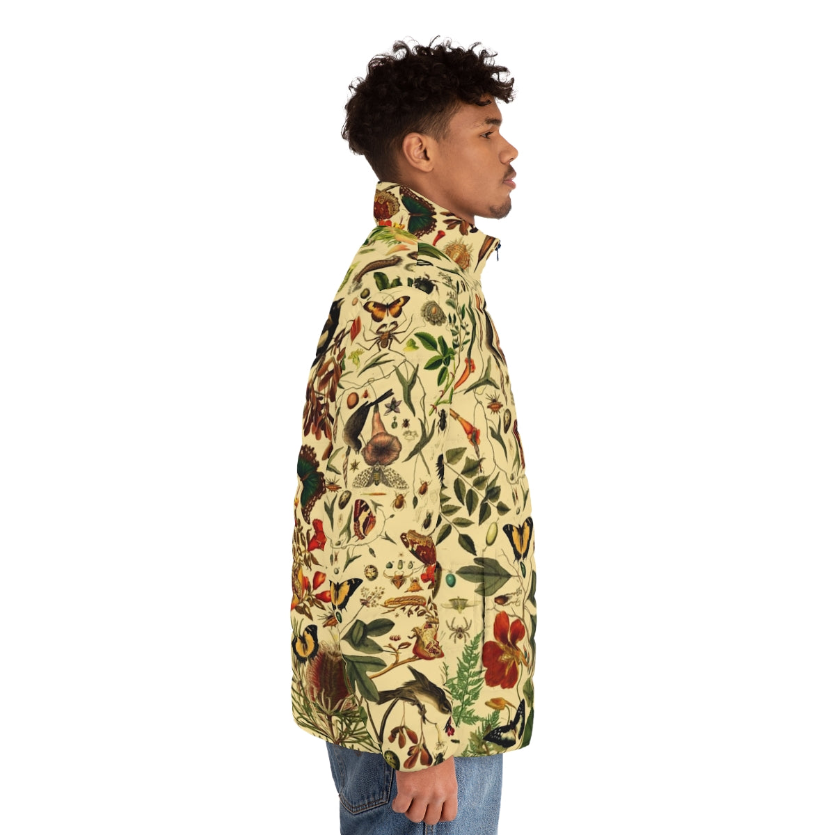 A warm and stylish puffer jacket featuring a beautiful botanical pattern. - men side right