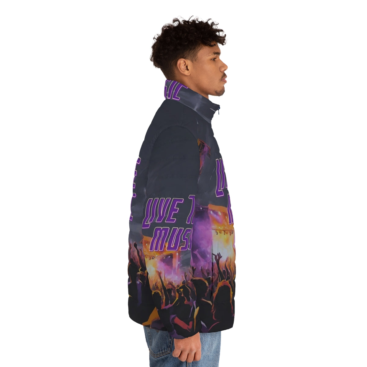 Live The Music Puffer Jacket, featuring music-inspired design and techno fashion style - men side right