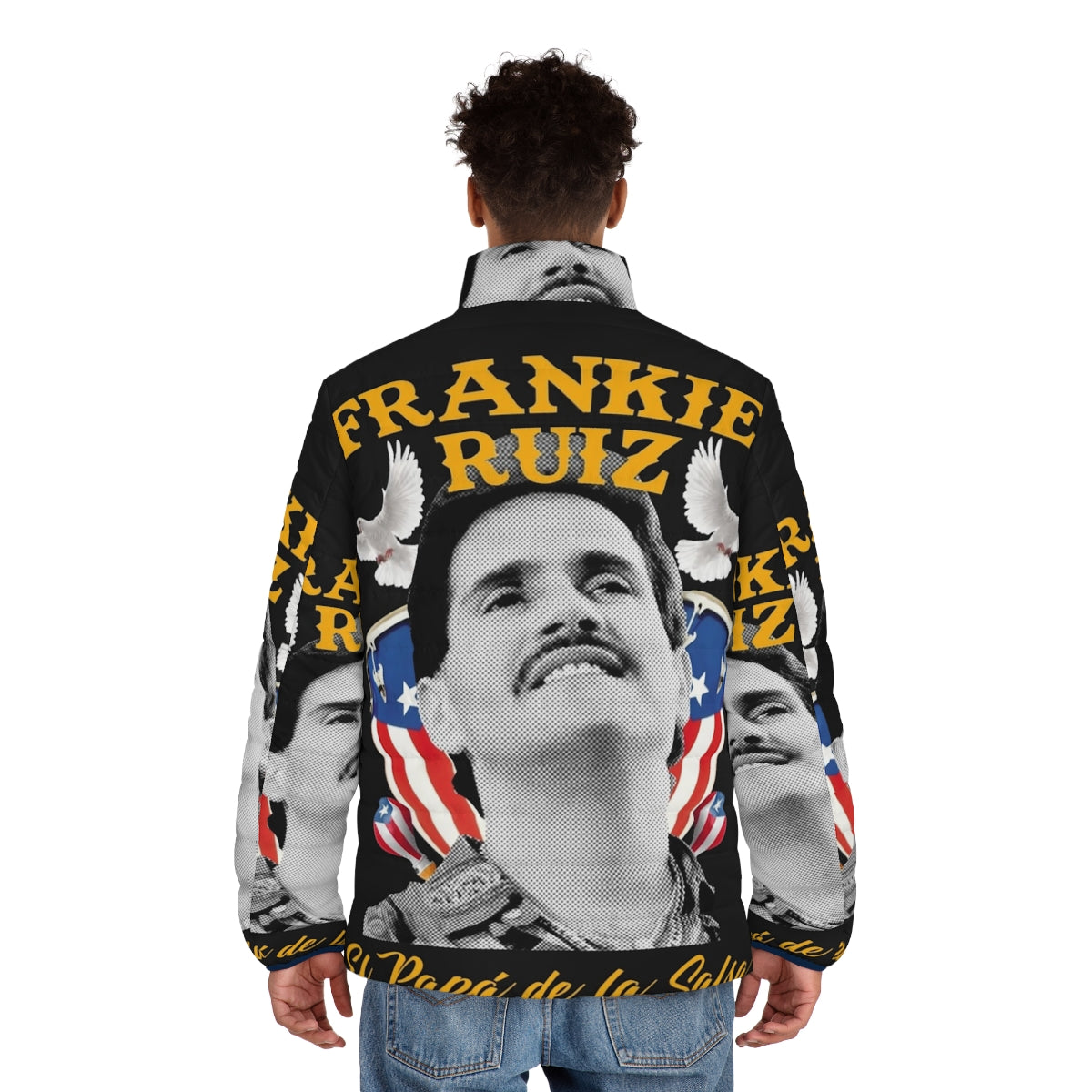 Frankie Ruiz "El Papa de la Salsa" Puffer Jacket with Salsa Music Inspired Design - men back