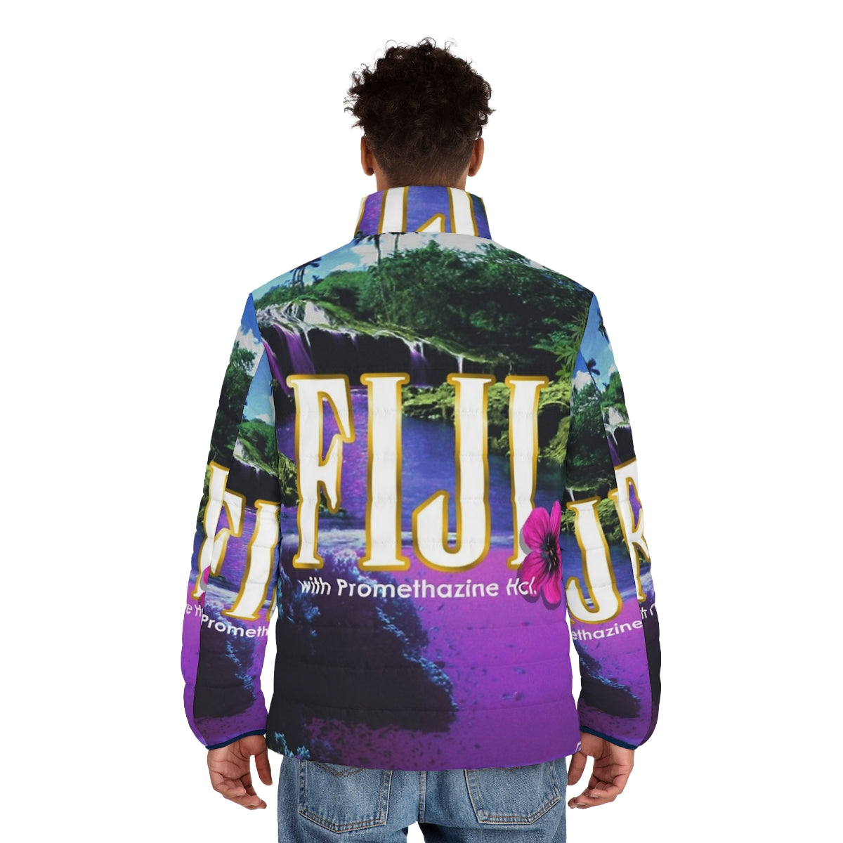 Purple vaporwave-inspired puffer jacket with aesthetic design - men back