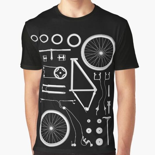 Exploded bicycle graphic design on a blue t-shirt