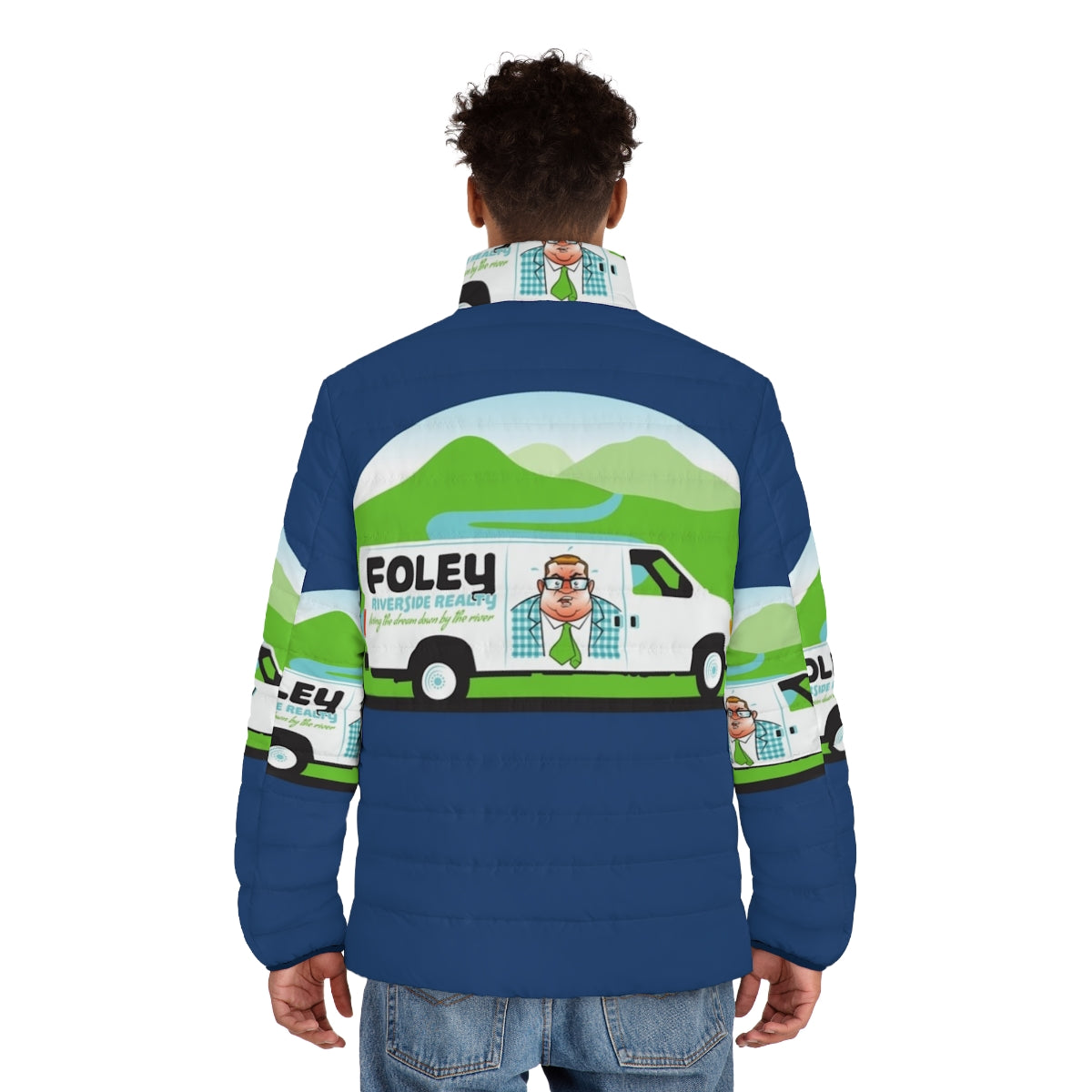 Puffer jacket with "Foley Riverside Realty" branding, inspired by Chris Farley's iconic "down by the river" character from Saturday Night Live - men back