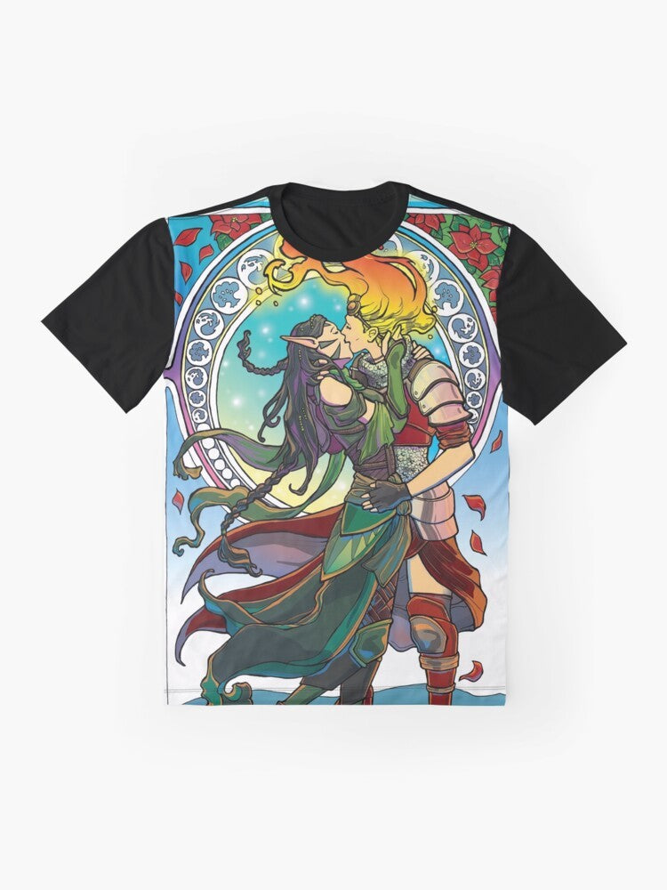 Artistic illustration of Chandra Nalaar and Nissa Revane, two popular Magic: The Gathering planeswalkers, in an Art Nouveau-inspired design. - Flat lay