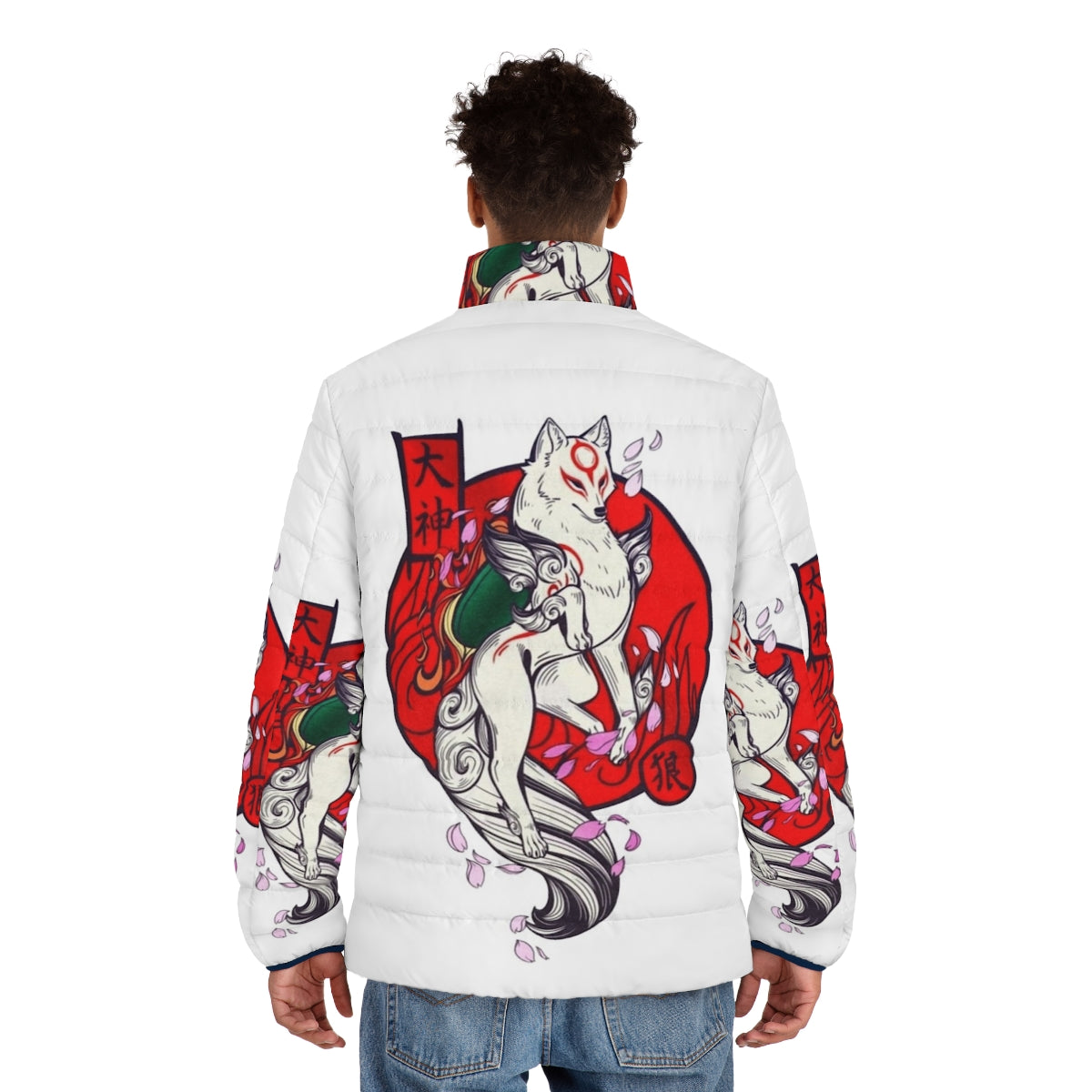 Okami Sakura Puffer Jacket featuring a traditional Japanese wolf design and sakura flowers - men back