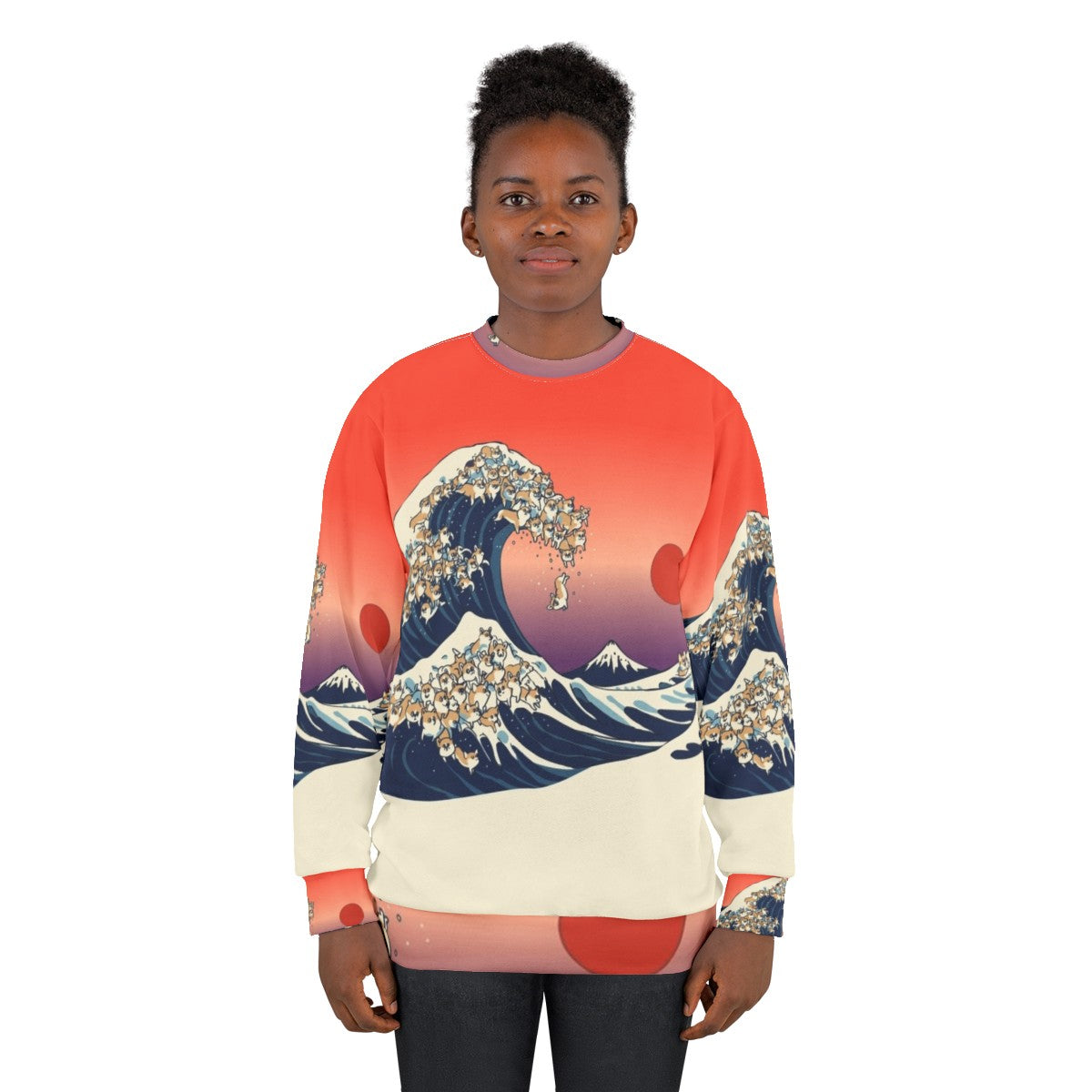 Corgis surfing in the Great Wave of Kanagawa inspired sweatshirt - women