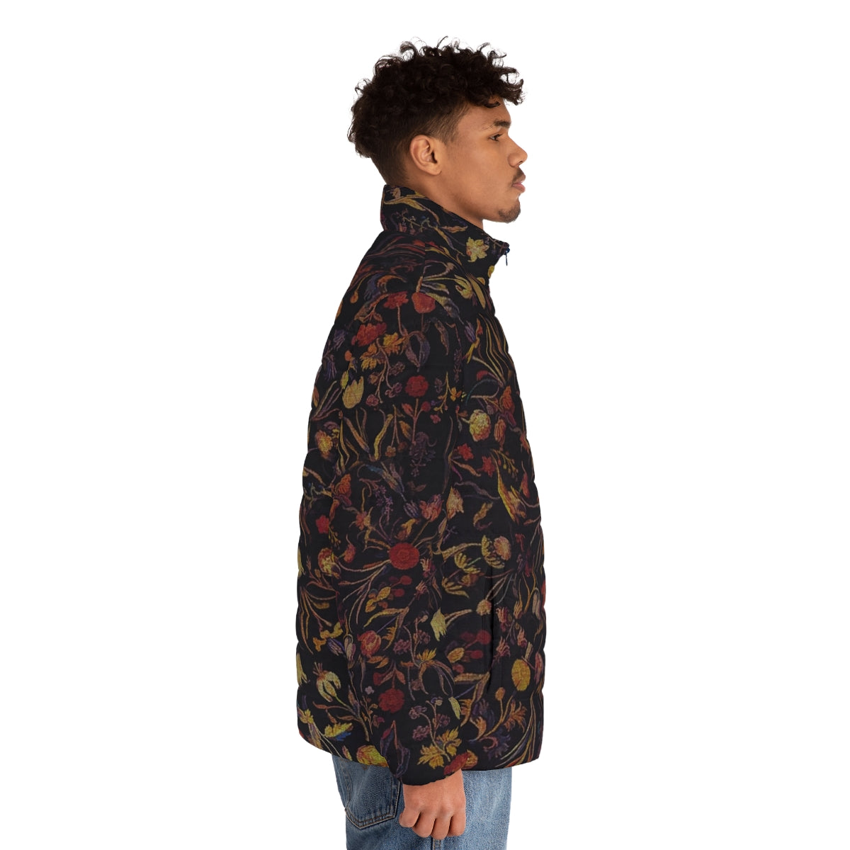 Midnight Floral Puffer Jacket featuring a mythical, botanical design - men side right