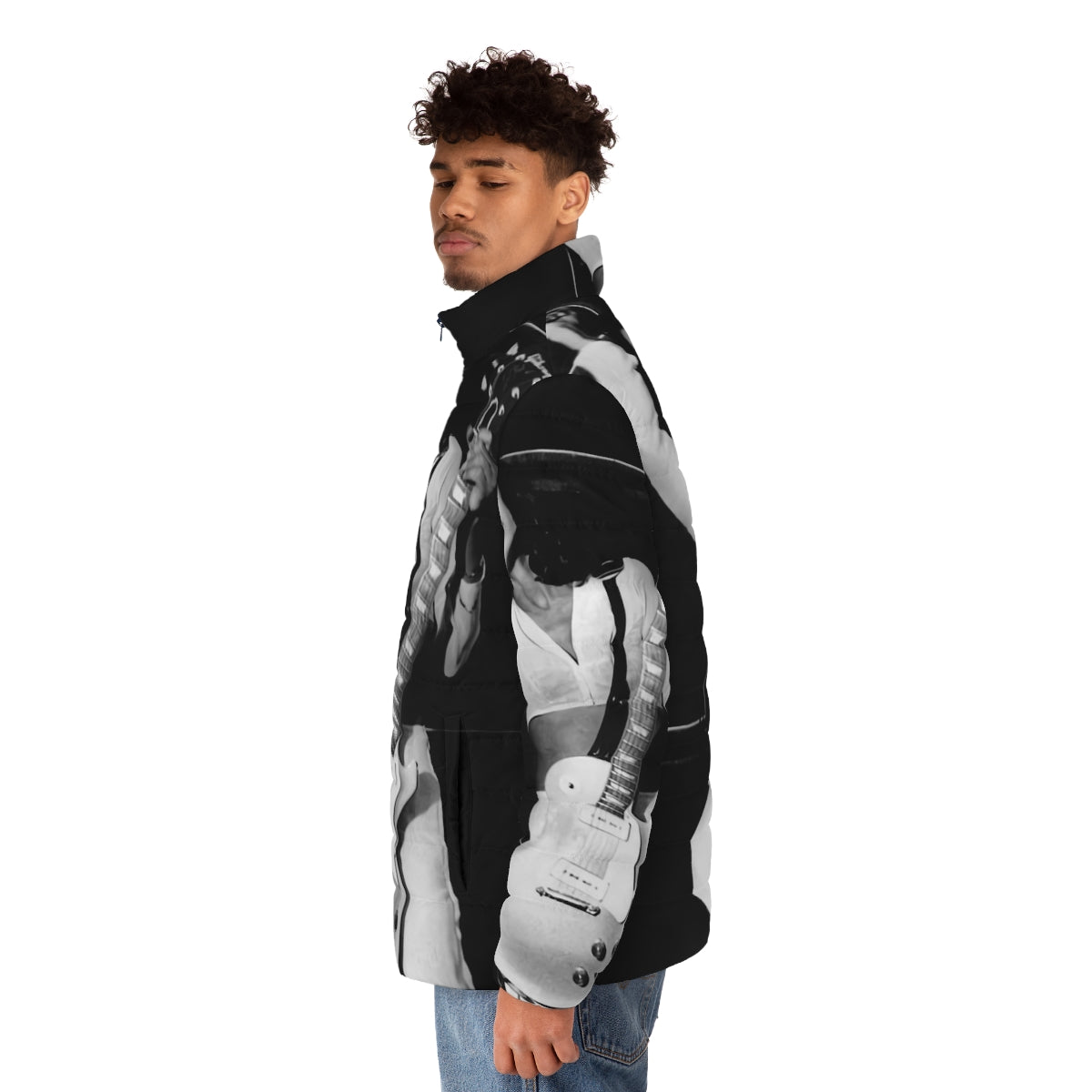 A puffer jacket featuring a photo of the iconic musician Sade, with a guitar and retro-inspired design. - men side left