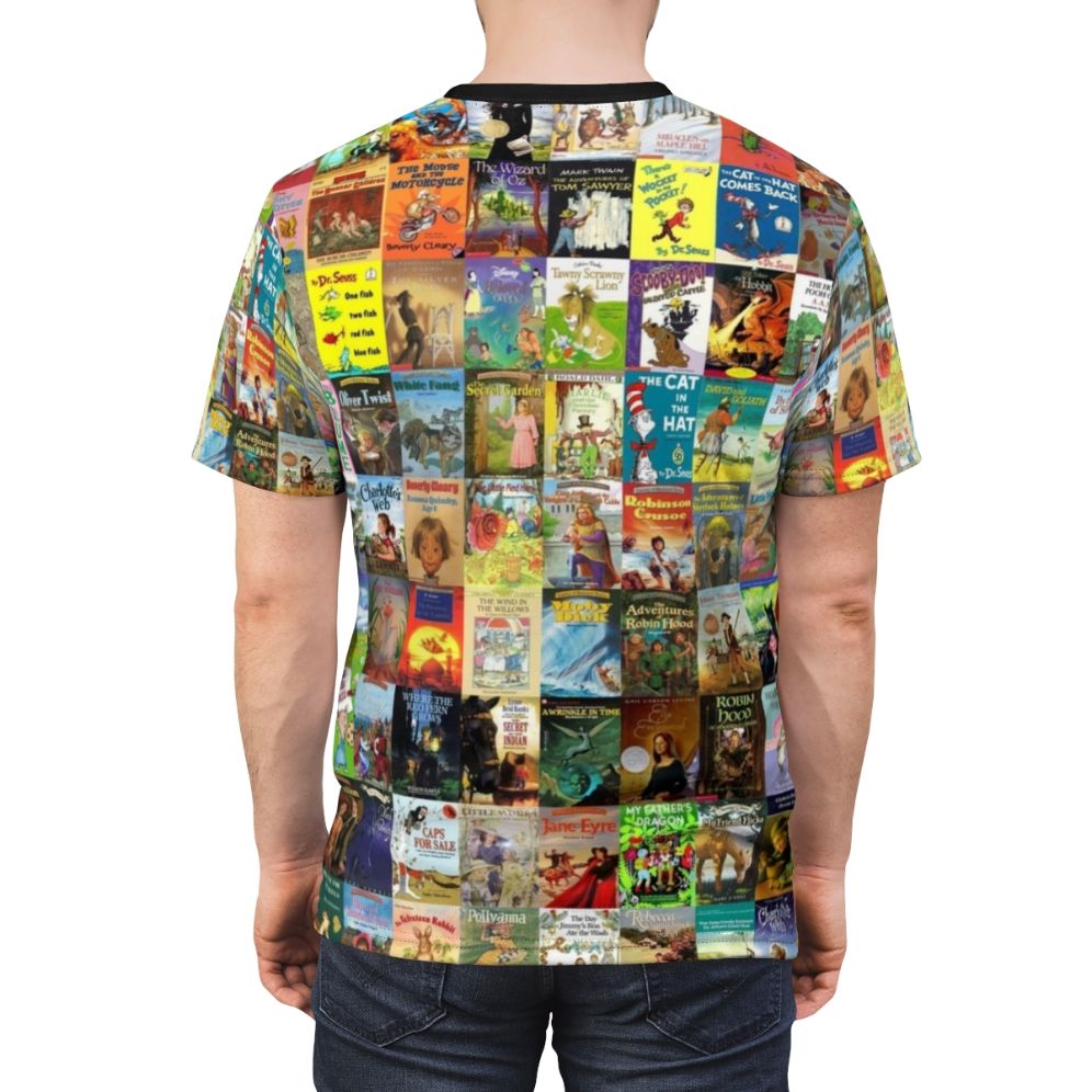 Colorful graphic t-shirt featuring a design inspired by children's books and young readers - men back