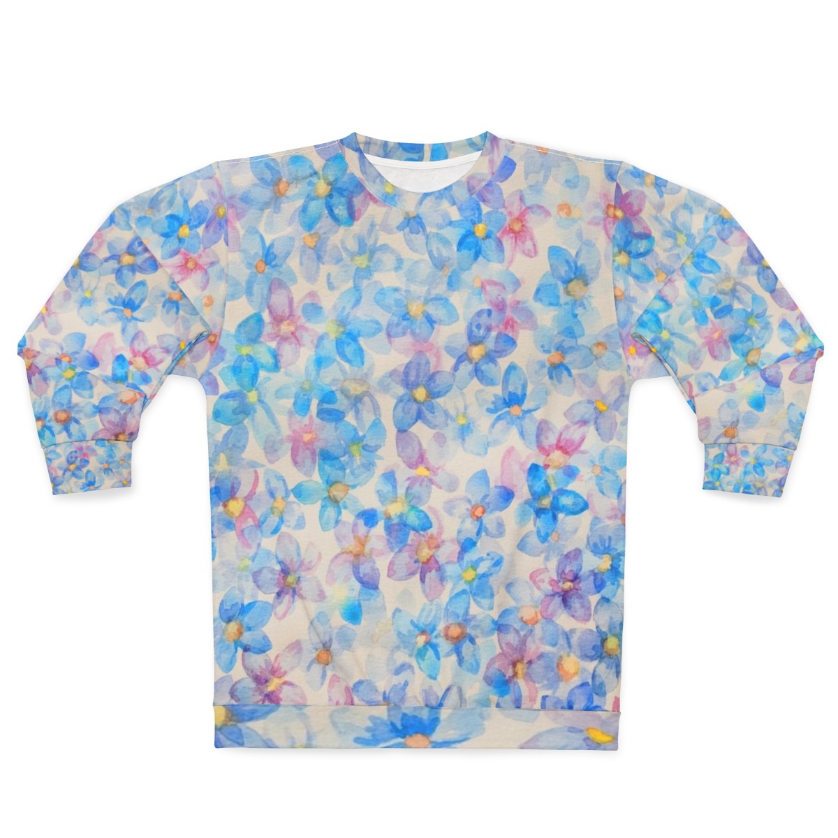 Blue watercolor flower buds painting on sweatshirt