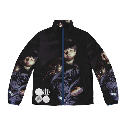 Stylish puffer jacket with Suga's Wings concept art and BTS branding