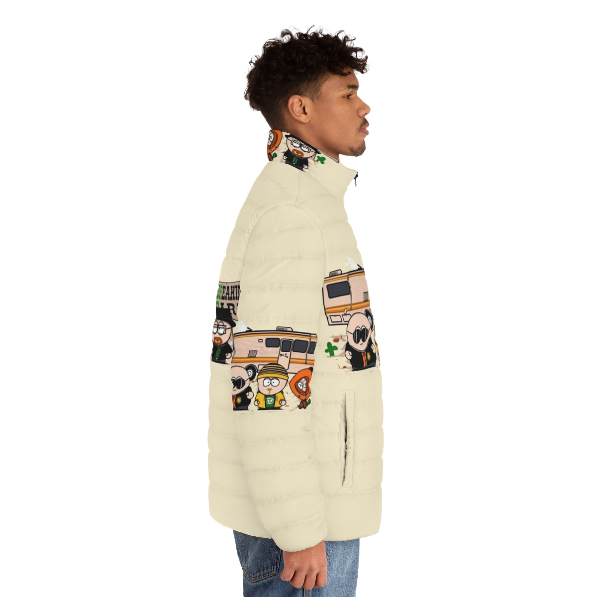 Breaking Park Puffer Jacket, a parody puffer jacket featuring characters from South Park and Breaking Bad - men side right