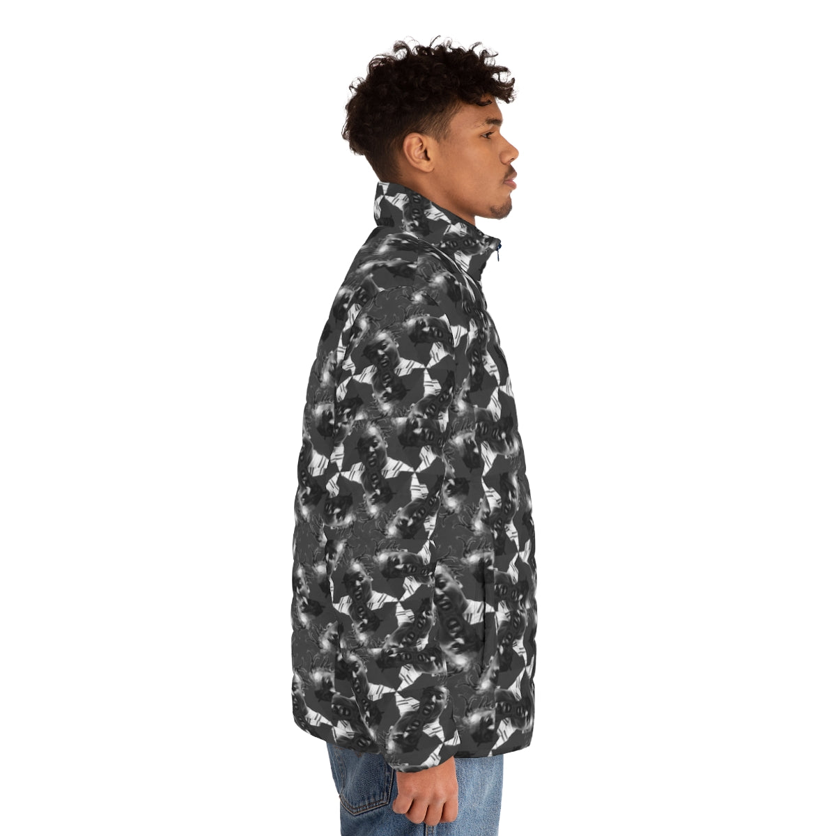 Ol Dirty Bastard inspired puffer jacket featuring a vibrant and bold graffiti-style design - men side right