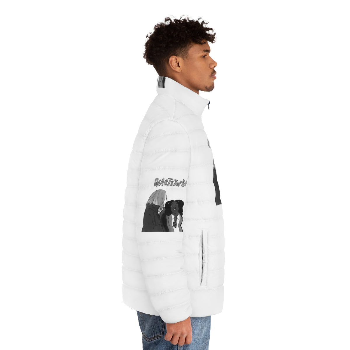 Heartstopper Tara and Darcy puffer jacket featuring the characters from the Netflix series - men side right