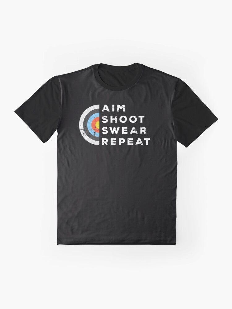 Archery bowshooting graphic t-shirt featuring the text "Aim, Shoot, Swear, Repeat" - Flat lay