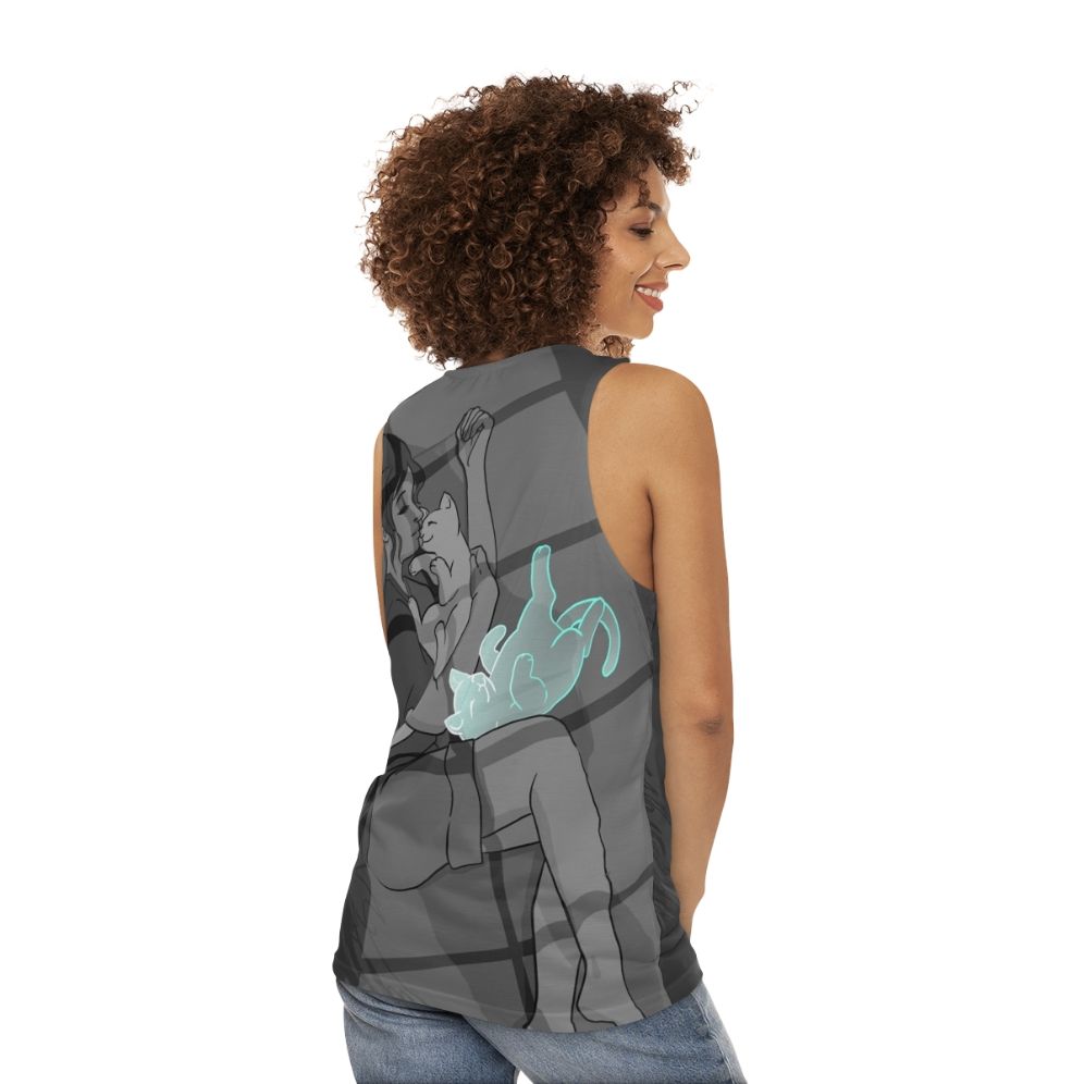 Waiting Unisex Tank Top with Cat Design - women back