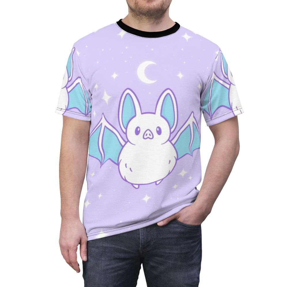 Pastel-colored bat graphic on a comfortable, high-quality t-shirt for fans of gothic, witchy, and autumn-inspired fashion. - men front