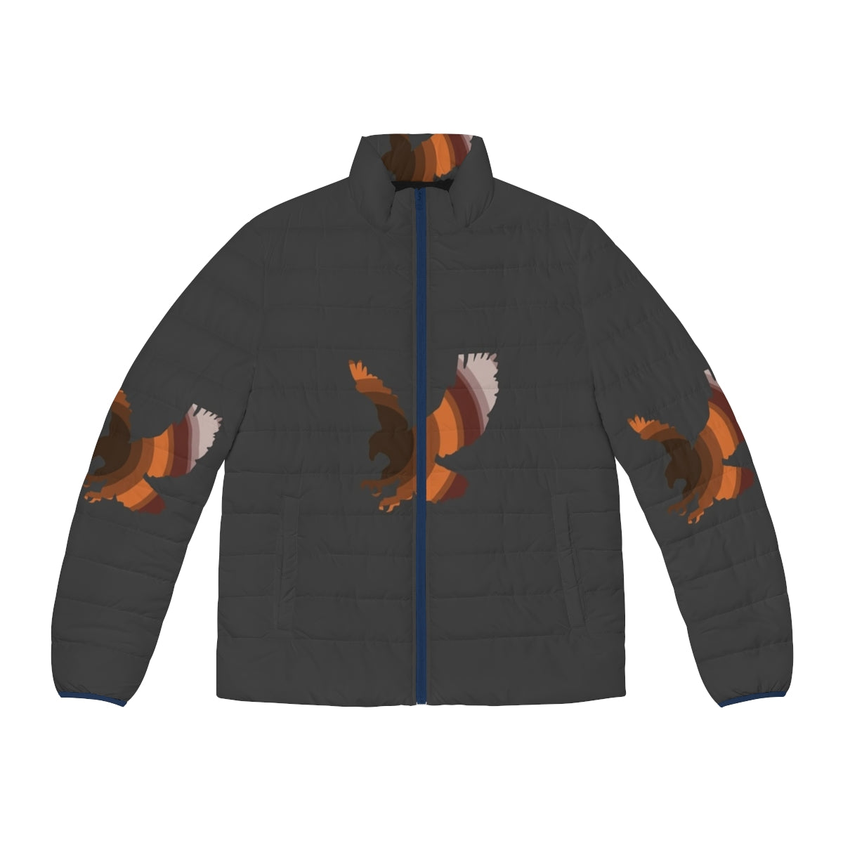 Colorful puffer jacket featuring a majestic hawk, a legendary animal spirit