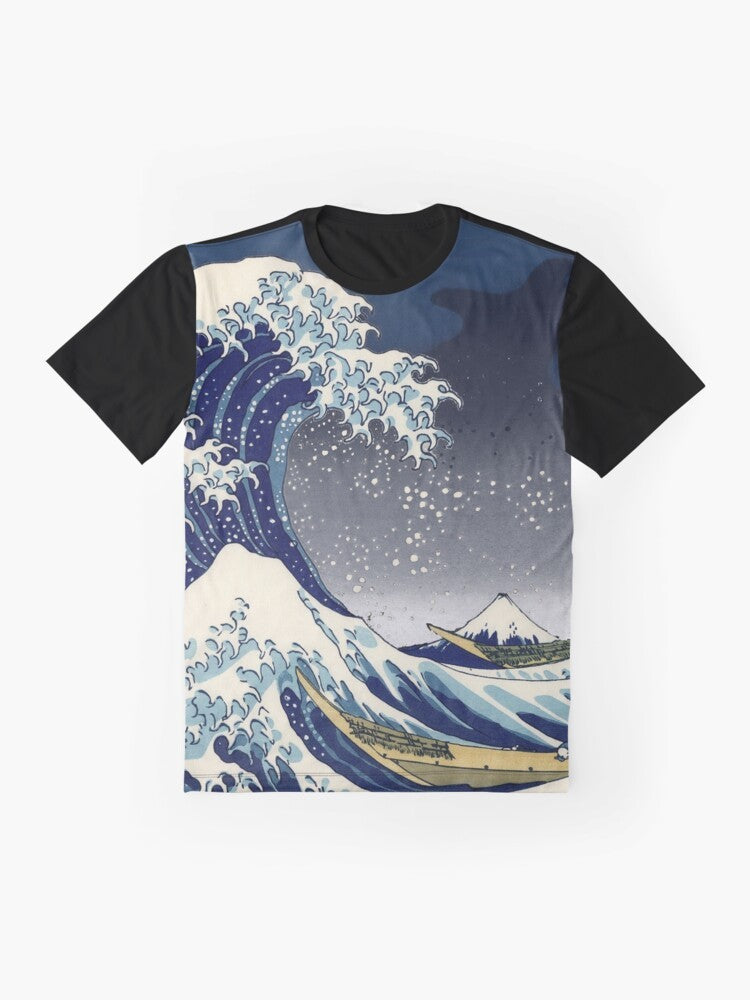 Image of the Great Wave off Kanagawa, a famous woodblock print by the Japanese artist Hokusai, featured on a vintage-style graphic t-shirt. - Flat lay