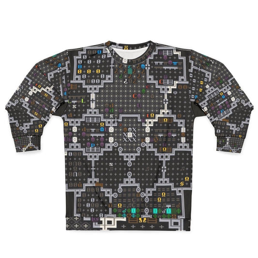 Dwarf Fortress themed gaming sweatshirt with pixel art tiles