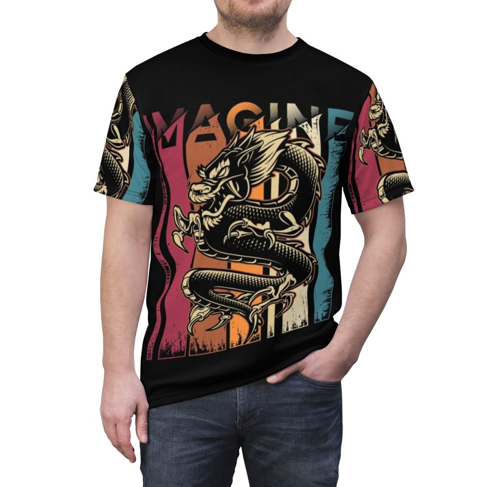 Vintage-style t-shirt featuring a cool dragon graphic design inspired by the music band Imagine Dragons - men front